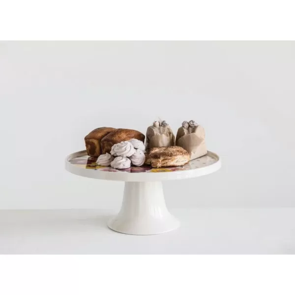 3R Studios Single-Tier White Stoneware Cake Stand with Multicolor Flowers