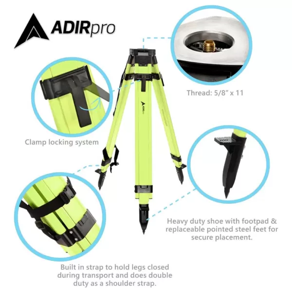 AdirPro High Visibility Green Heavy-Duty Aluminum Survey Construction Tripod with Quick Clamp