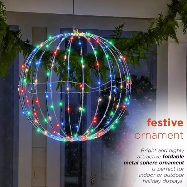 Alpine Corporation 16 in. Diameter Foldable Metal Sphere Ornament with Multi-Colored LED Lights