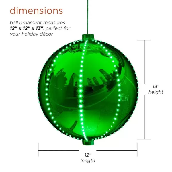 Alpine Corporation 13 in. Tall Hanging Christmas Ball Ornament with LED Lights, Green