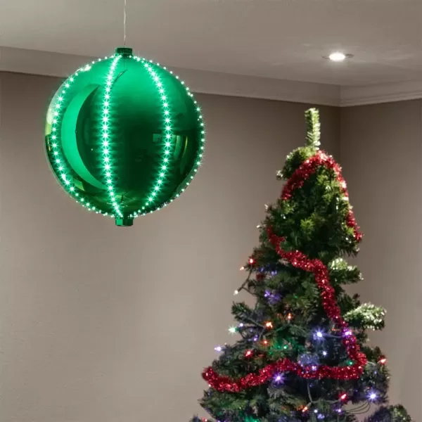 Alpine Corporation 13 in. Tall Hanging Christmas Ball Ornament with LED Lights, Green