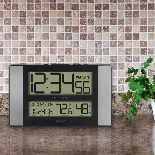 La Crosse Technology 11 in. x 7 in. Atomic Digital Clock with Temperature and Humidity in Aluminum Finish