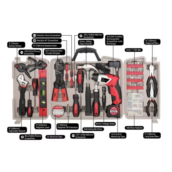 Apollo Home Tool Kit with 3.6-Volt Li-Ion Cordless Screwdriver,(161-Pieces)