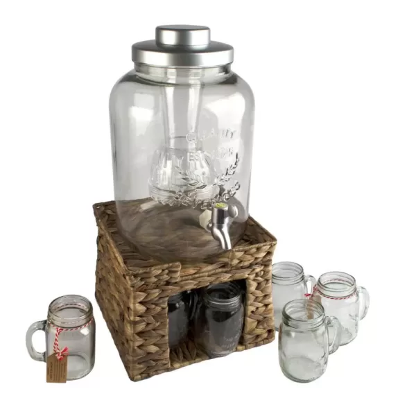 Artland Garden Terrace 3 Gal. Glass Bev Dispenser with Chiller/Infuser, Water Hyacinth Stand, and 6-Glass Mason Jar Mugs 15 oz.