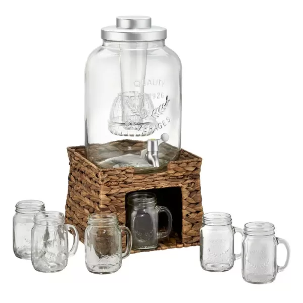 Artland Garden Terrace 3 Gal. Glass Bev Dispenser with Chiller/Infuser, Water Hyacinth Stand, and 6-Glass Mason Jar Mugs 15 oz.