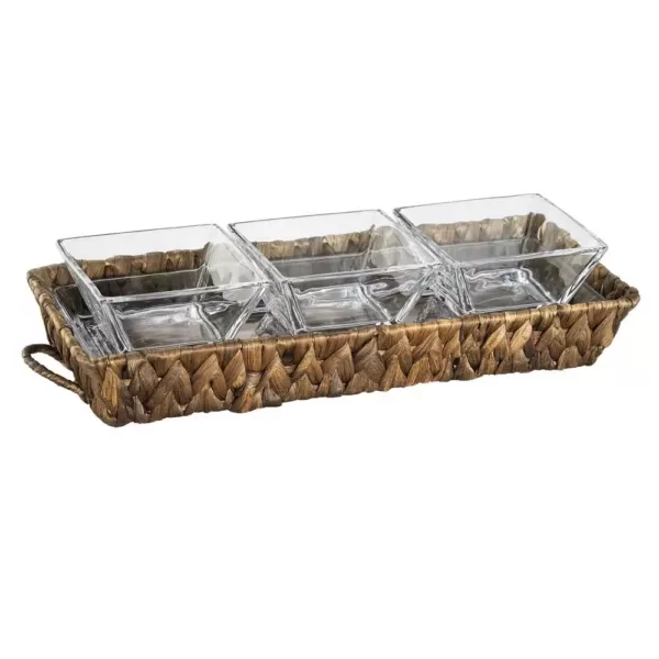 Artland Garden Terrace 3 Sectional Server 1-Glass Tray 12.25"L, 5"W, 1"H, 3-Sq. Glass Bowls 3.75", Water Hyacinth Holder.