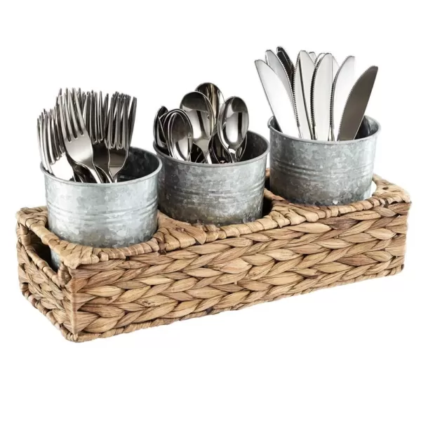 Artland Garden Terrace Flatware Caddy 13.75x5.x5.5, Water Hyacinth and 3 Galvanized Cups