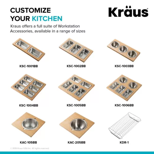 KRAUS 16.75 in. Workstation Kitchen Sink Composite Serving Board Set with Round Stainless Steel Bowls