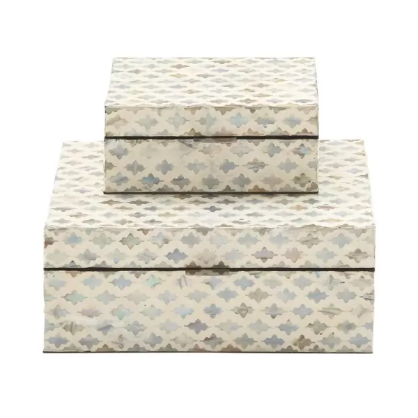 LITTON LANE Vintage White Zig-Zag Patterned MDF Multiple Decorative Boxes w/ Tan, Gray and Blue Mother of Pearl Tile Inlay(Set of 2)