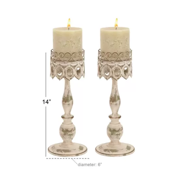 LITTON LANE 14 in. Distressed Ivory Iron Pillar Candle Holders with Filigree-Patterned Cups (Set of 2)