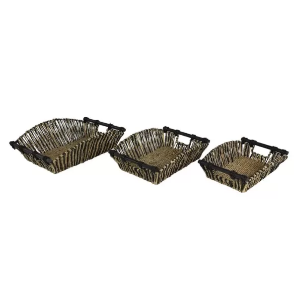 LITTON LANE Rectangular Black and Natural Striped Palm Leaf and Seagrass Basket Trays (Set of 3)