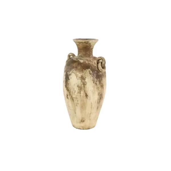 LITTON LANE Distressed Beige and Brown Amphora-Style Ceramic Decorative Vase