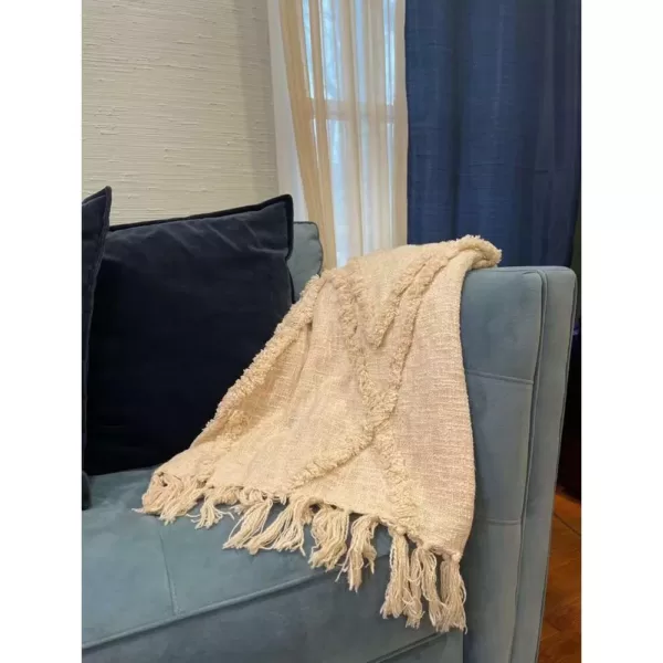 LR Resources LR Home Handmade Boho Farmhouse Natural - Off White Sofa Bed Throw Blanket with Fringe