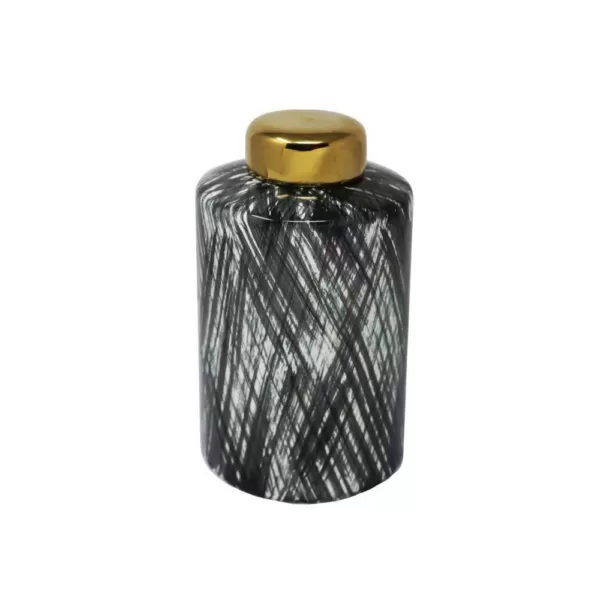 Benjara Black and White Ceramic Lidded Ginger Jar with Criss Cross Pattern