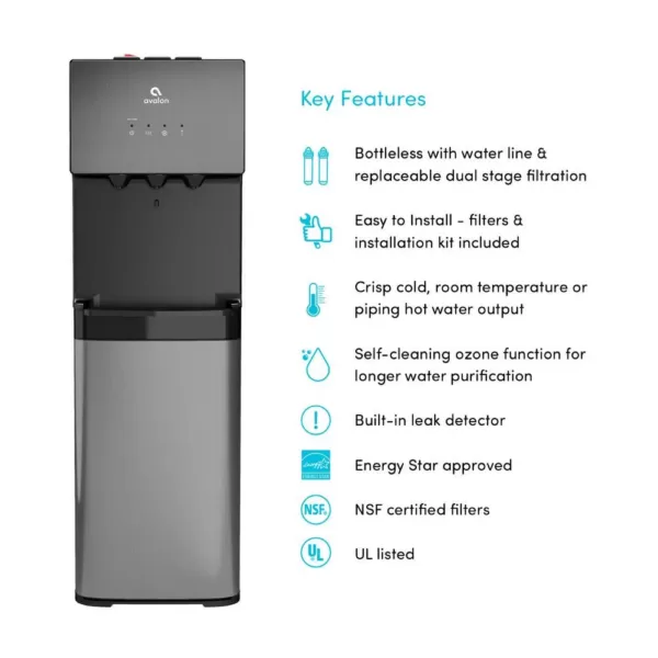 Avalon A5BLK Self Cleaning Bottleless Water Cooler Dispenser, UL/NSF/Energy Star, Black Stainless Steel