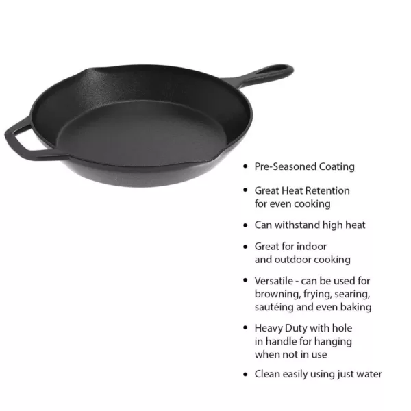 Classic Cuisine 12 in. Cast Iron Skillet in Black with Pour Spout