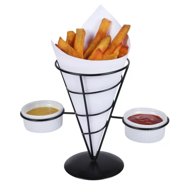 Creative Home Black Iron Wire French Fry Holder Set with Single Cone Holder, 2-Ceramic Ramekins for Dipping Sauce