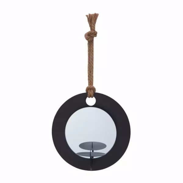 DANYA B Algarve Black Round Pillar Candle Sconce with Mirror and Rope