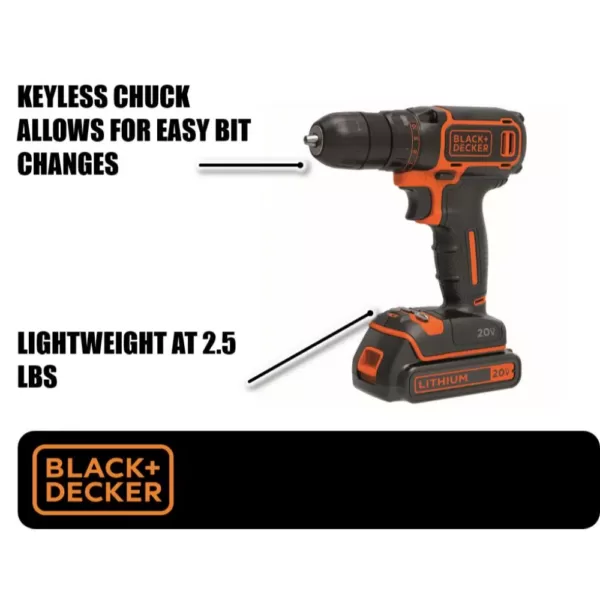 BLACK+DECKER 20-Volt MAX Lithium-Ion Cordless 3/8 in. Drill/Driver with Battery 1.5Ah and Charger