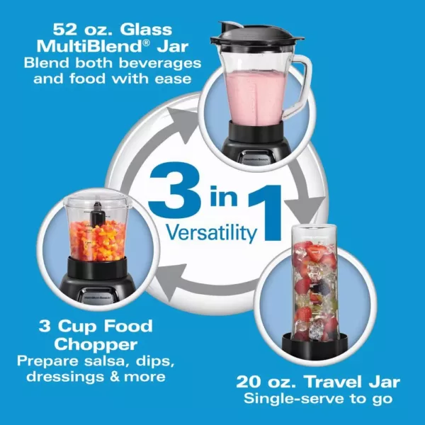 Hamilton Beach Multiblend 52 oz. 6-Speed Black Countertop Blender with Glass Jar and Travel Jar and Food Chopper