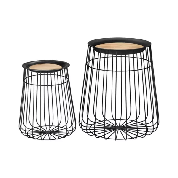 Home Decorators Collection Round Black Metal Decorative Basket with Wood Lid (Set of 2)