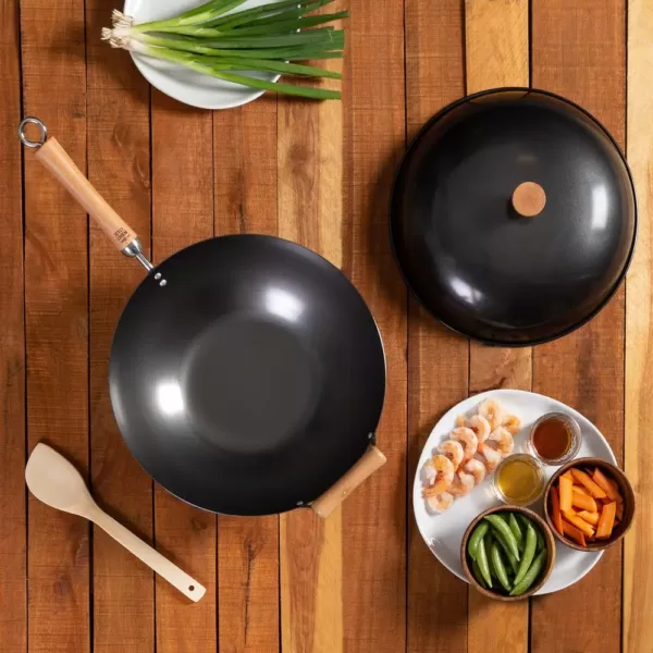 Honey-Can-Do Joyce Chen 4-Piece Wok Set with Black Carbon Steel Non-Stick Wok, High Dome Lid, 12" Bamboo Spatula, and Recipe Booklet