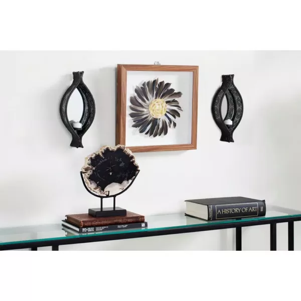 LITTON LANE Eclectic Ellipse-Shaped Black Mesh Metal Wall Sconces with Mirrors, Set of 2