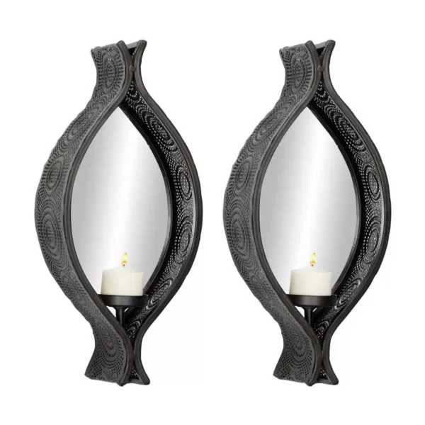 LITTON LANE Eclectic Ellipse-Shaped Black Mesh Metal Wall Sconces with Mirrors, Set of 2