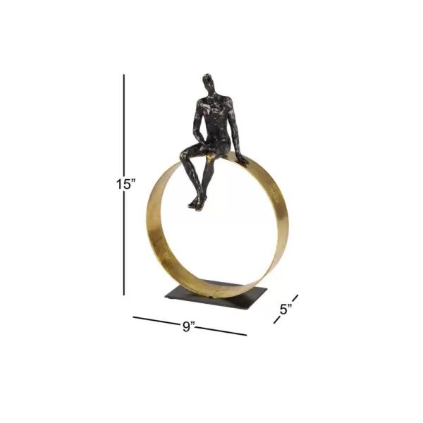 LITTON LANE Textured Black Resin Human Man Figurine in Metallic Gold Circle Statue