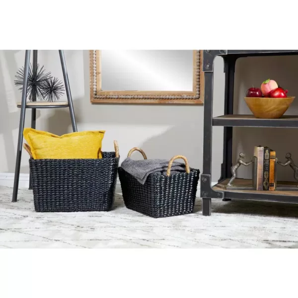 LITTON LANE Large Rectangular Handwoven Black Water Hyacinth Wicker Baskets with Banana Leaf Handles (Set of 2)