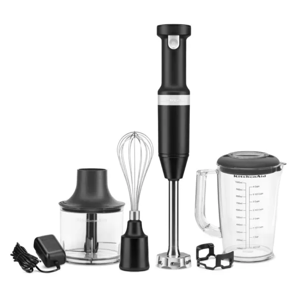 KitchenAid Cordless Variable Speed Black Matte Hand Blender with Chopper and Whisk Attachment