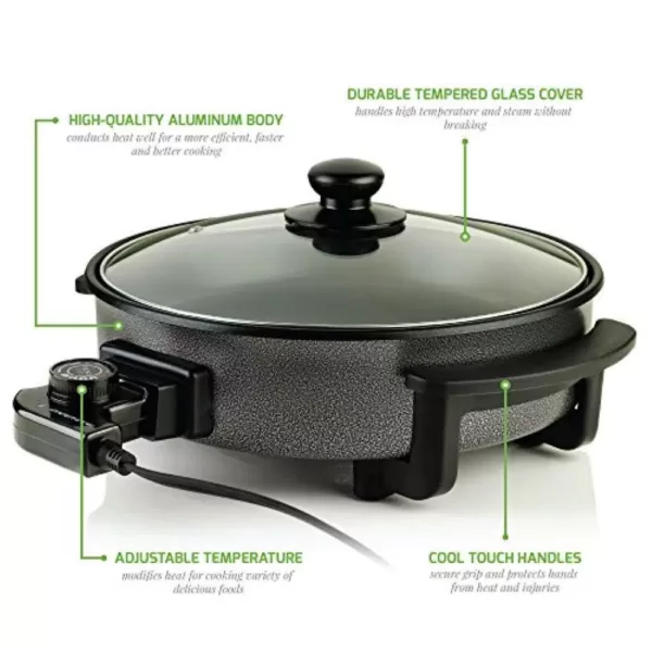 Ovente 12 In. Black Non Stick Electric Skillet Aluminum Body and Tempered Glass Lid, Removable Temperature Knob