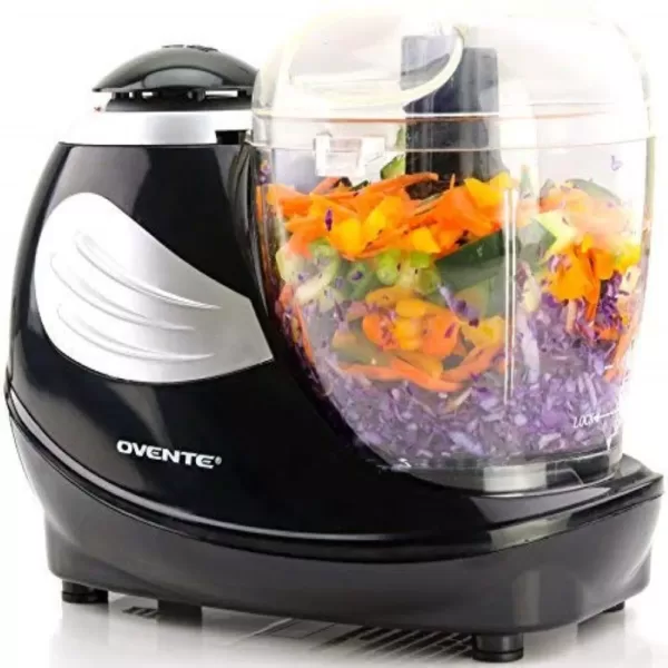 Ovente 1.5-Cup Single Speed Black Mini Food Processor Chopping Blade, Mixer, Shredding/Slicing Disc