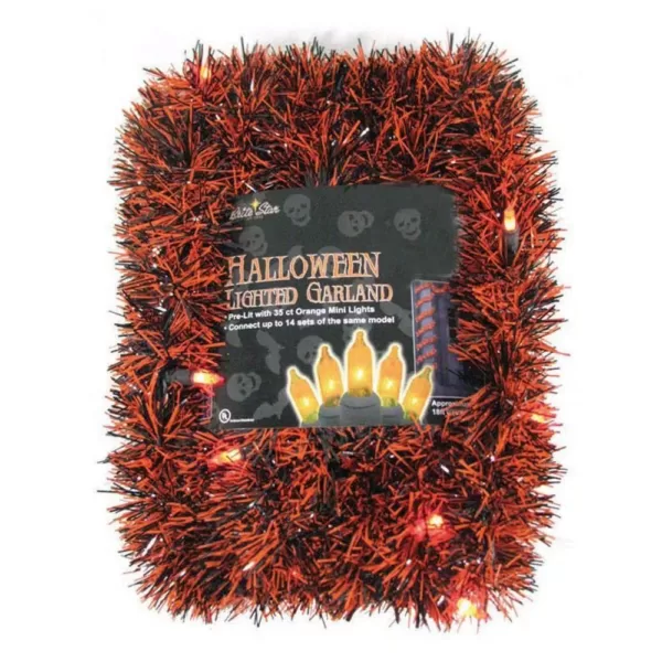 Brite Star 10 ft. Pre-Lit LED Orange and Black Tinsel Garland