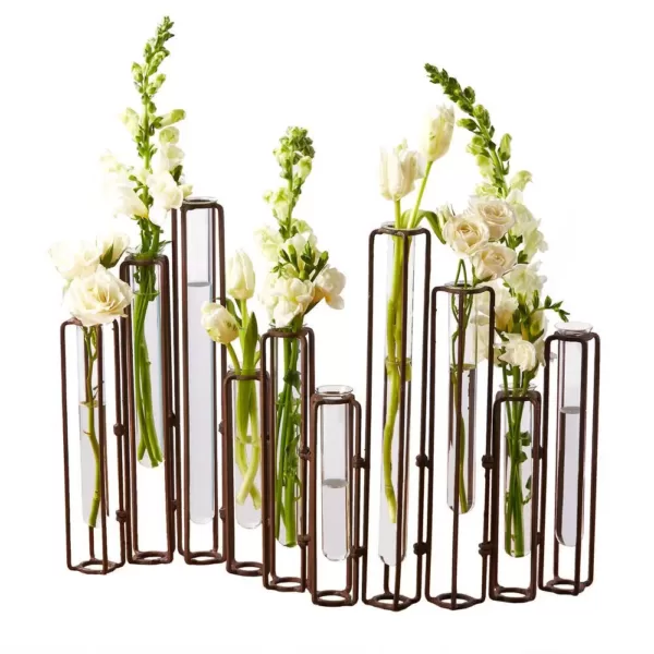 Two's Company 13 in. High Lavoisier Set of 10 Dark Brown Hinged Flower Vases with Antiqued Rusted Finish and Clear Glass Tubes