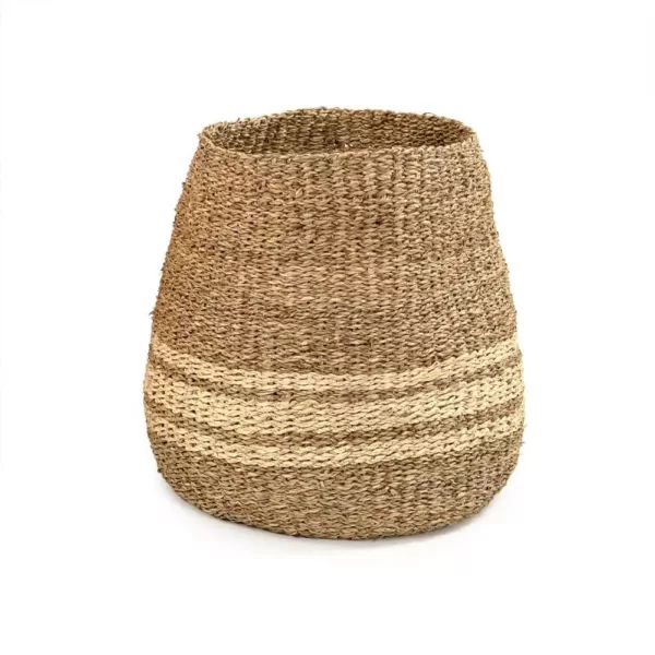 Zentique Concave Hand Woven Wicker Seagrass and Palm Leaf with Light Pin Stripes Medium Basket