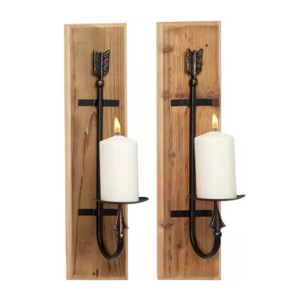 LITTON LANE Rectangular Industrial Black Metal and Natural Wood Wall Sconces, Set of 2