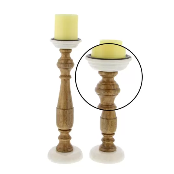 LITTON LANE New Traditional Stained Wood and Marble Candle Holders (Set of 2)