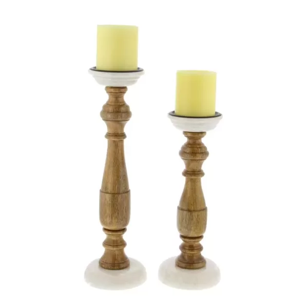 LITTON LANE New Traditional Stained Wood and Marble Candle Holders (Set of 2)