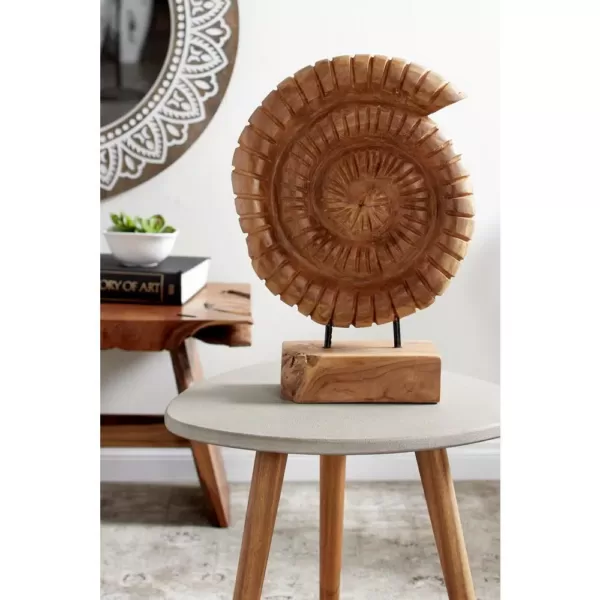 LITTON LANE Brown Nautilus Shell Teak Wood Sculpture on Reclaimed Wood StandB