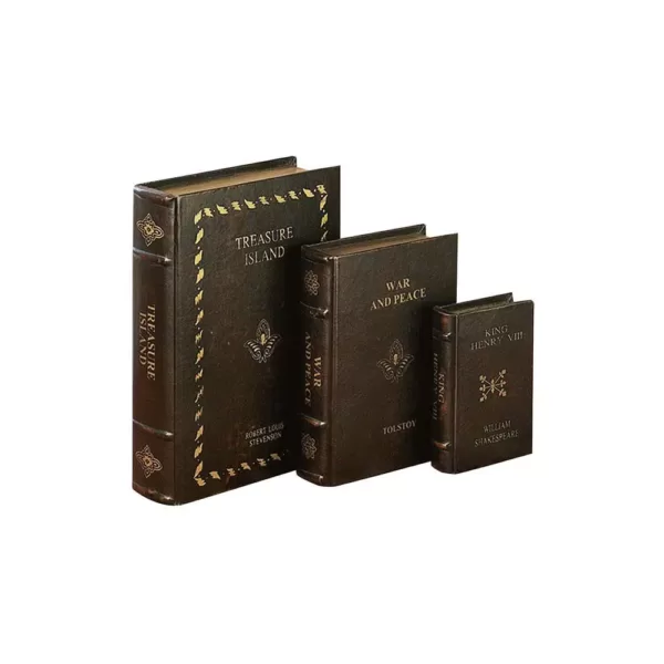 LITTON LANE Vintage Rectangular Wood and Faux Leather "Treasure Island" Book Boxes (Set of 3)