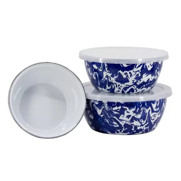 Golden Rabbit Cobalt Swirl 3-Piece Enamelware Bowl Set with Lid