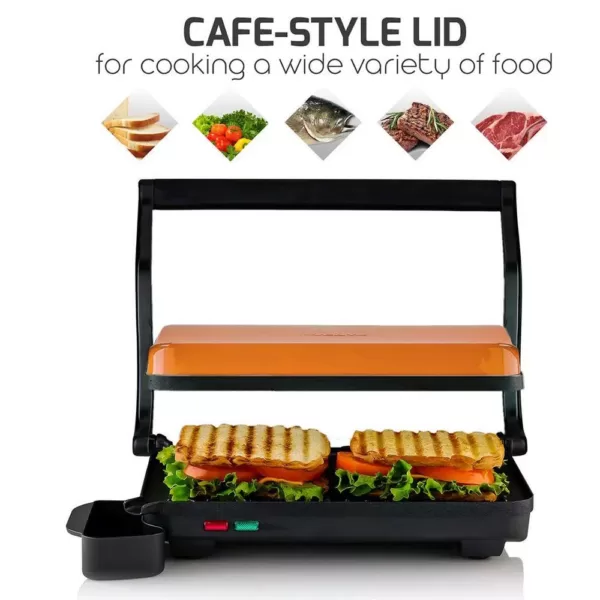 Ovente Copper Electric Panini Press Grill, 2-Slice 1000-Watt Heating Plate, Drip Tray Included