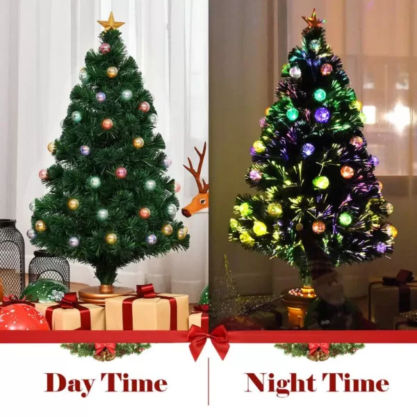 Costway 4 ft. Pre-Lit Christmas Tree Fiber Optical Firework with Ornaments and Gold Top Star