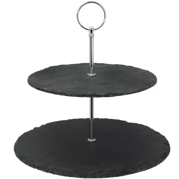 Creative Home 2-Tier Black Natural Slate Cake Stand Dessert Serving Plate Party Food Server