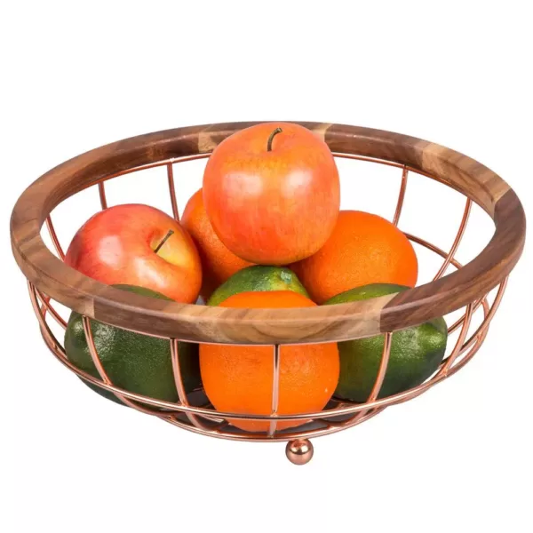 Creative Home Deluxe Acacia Copper Plated Wood and Iron Wire Fruit Basket Fruit Bowl