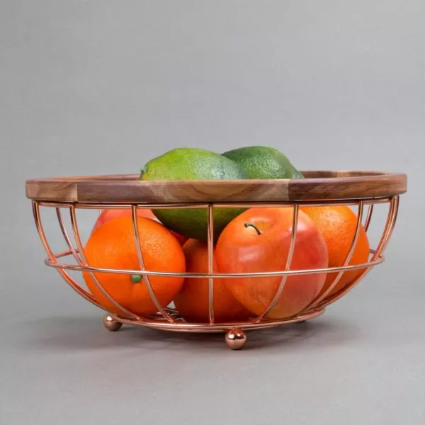 Creative Home Deluxe Acacia Copper Plated Wood and Iron Wire Fruit Basket Fruit Bowl