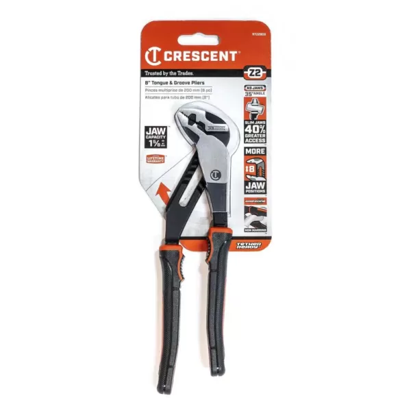 Crescent 8 in. Z2 K9 Straight Jaw Dual Material Tongue and Groove Pliers