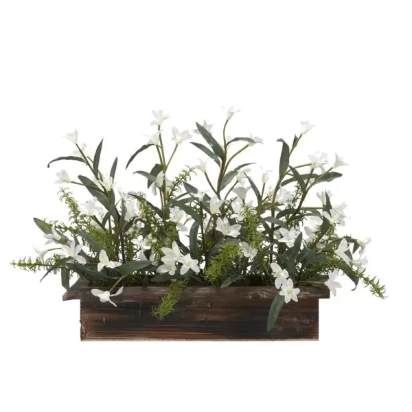 D&W Silks 30 in. Indoor White Phlox Flowers in Rectangle Wooden Planter