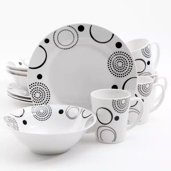 Gibson Home 12-Piece Mid-century Decorated with Black Geometric Design on White Porcelain Dinnerware Set (Service for 4)